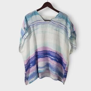 Chico's Linen Mineral Wash Watercolor Poncho Top Multicolor Sz S/M Summer Casual